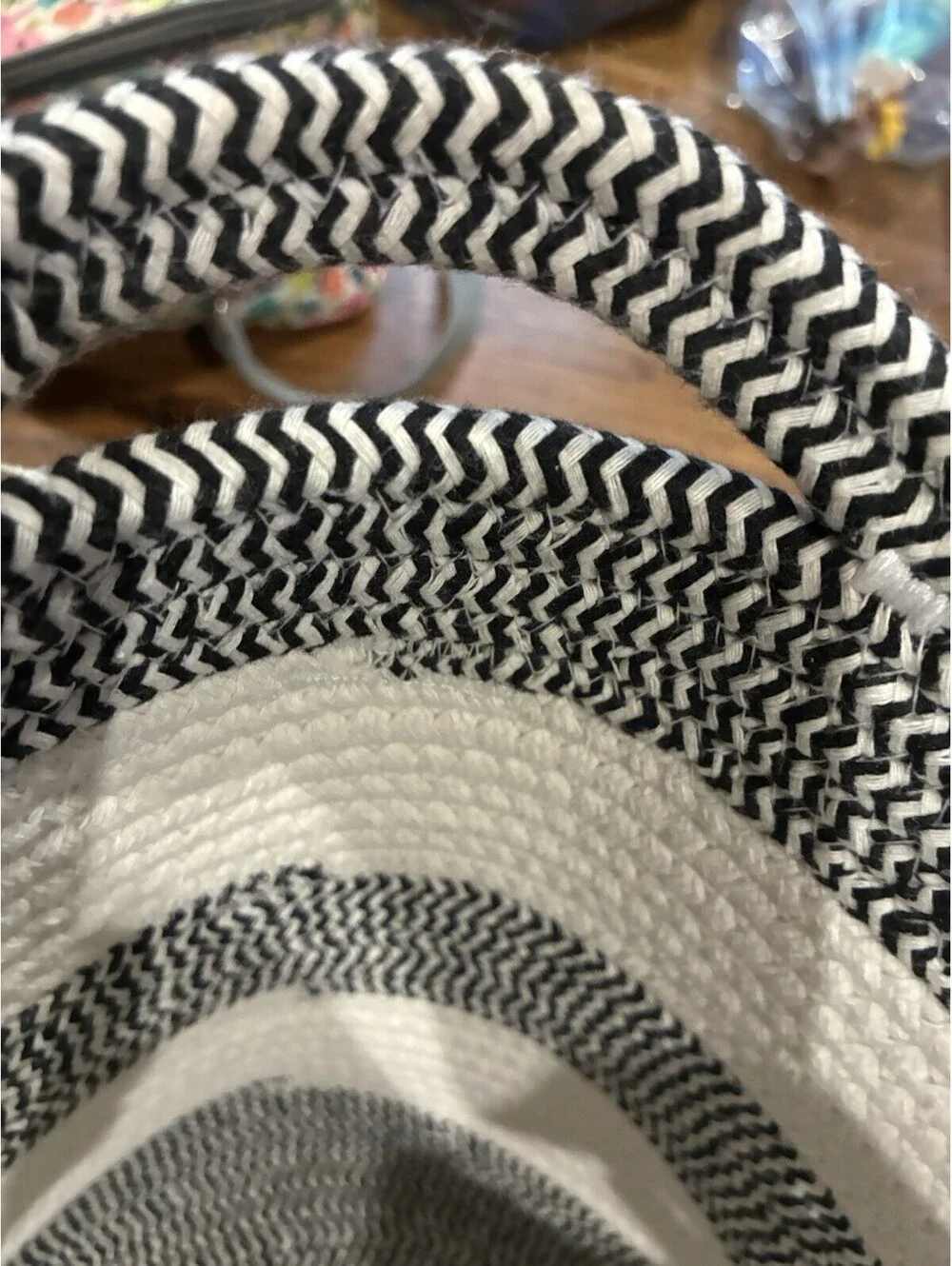 Woven Cotton Rope Storage Basket Black White Chevron Stripe Handle Oval ~18